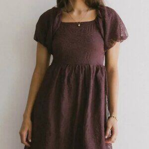Bohme Dress Sz XL Karrie Embroidered Lace Overlay Puff Sleeves Dark Wine Color